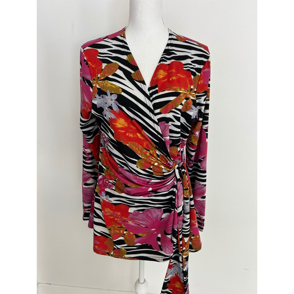 Max & Rina Zebra Floral Wrap Top Pink Orange Long Sleeve V-Neck Large